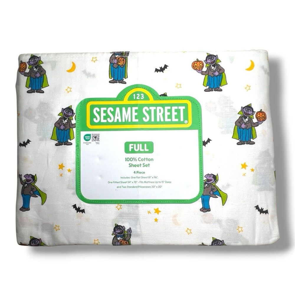 Sesame Street The Count Full Size Sheet Set Pumpkins Halloween 100% Cotton Bats